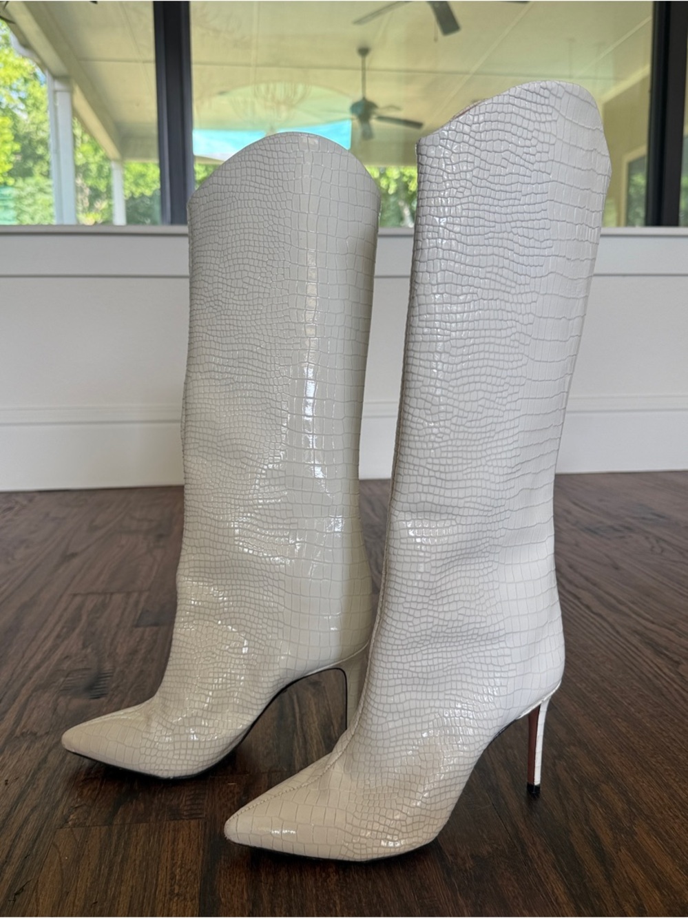 SCHUTZ White Croc-Embossed Pointed-Toe Over-the-Knee Boots
